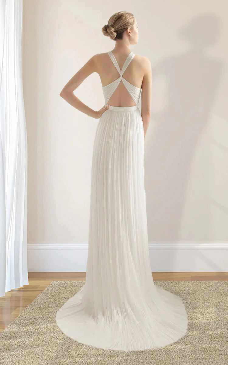 Vestido de novia de gasa con escote halter y trenzado